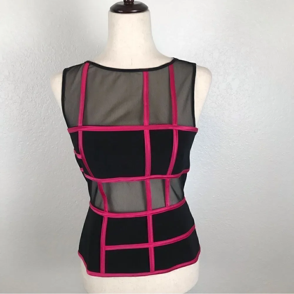 JS Collections‎ retro 60’s look sheer mesh color block sleeveless blouse 4